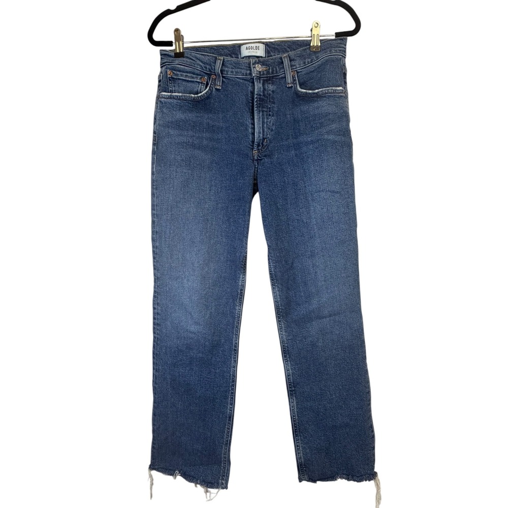 AGOLDE Women Blue Straight Leg Raw Hem Jeans Size 28
